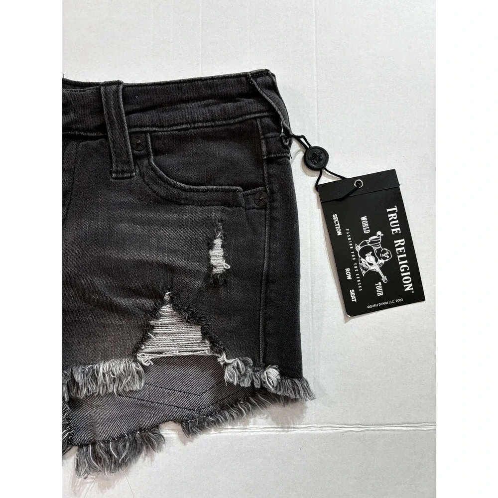 True Religion Joey Low Rise Cut Off Denim Shorts Moon Light Distressed Black 26
